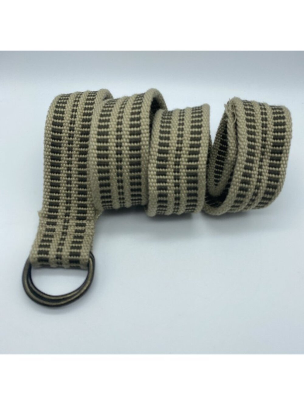 Men's Tan Brown Striped D-Ring Belt 47" Adjustable Wide 1.75" Casual